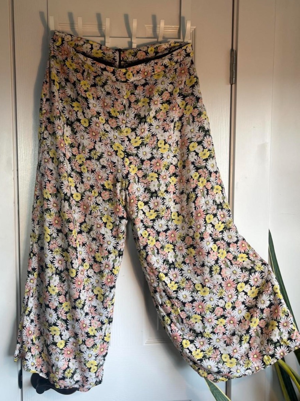 Lush Black Wide Leg Pants with Pink & Yellow Daisy Print